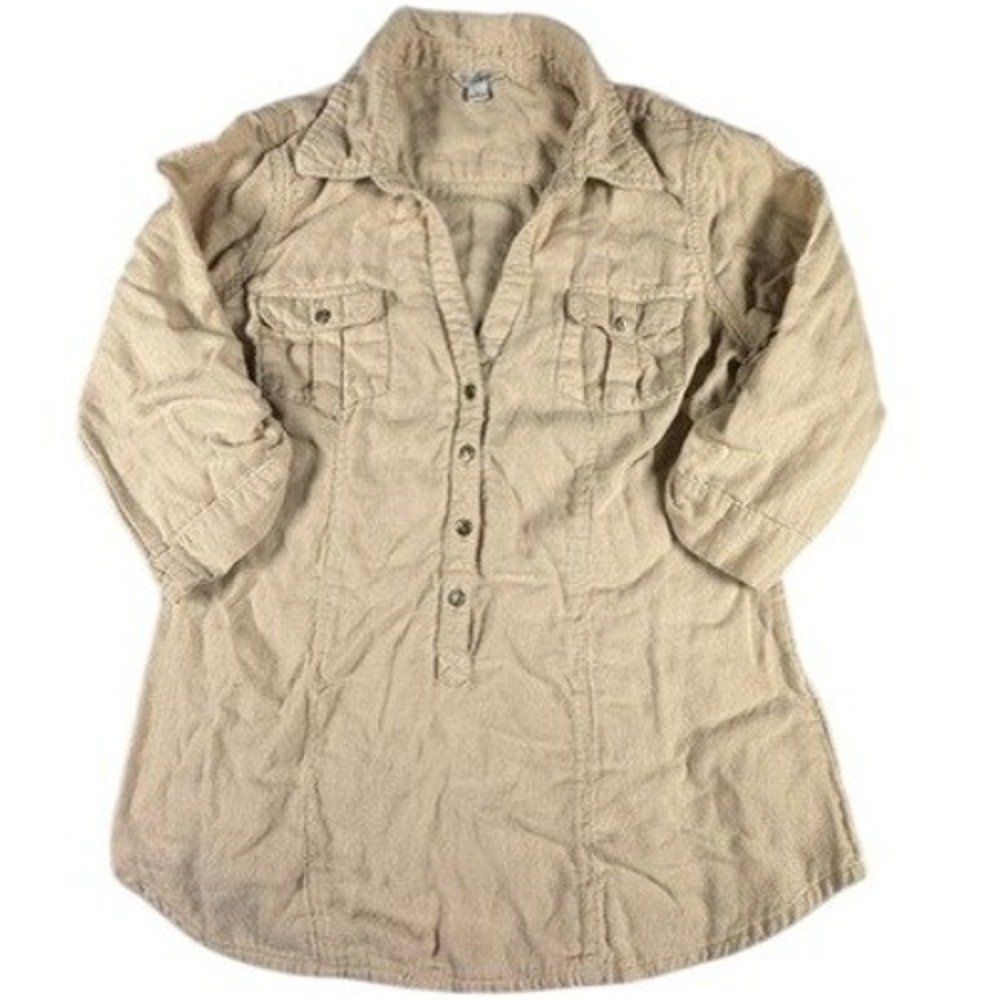 Guess Tunic Women S‎ Tan Linen Blend Roll Tab Sleeve Safari Utility Button Top